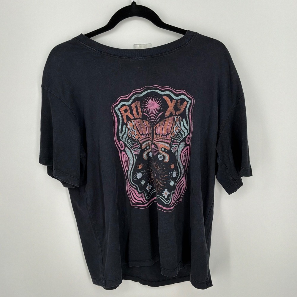 Roxy Graphic Tee Medium Black Cotton Butterfly Sun Celestial